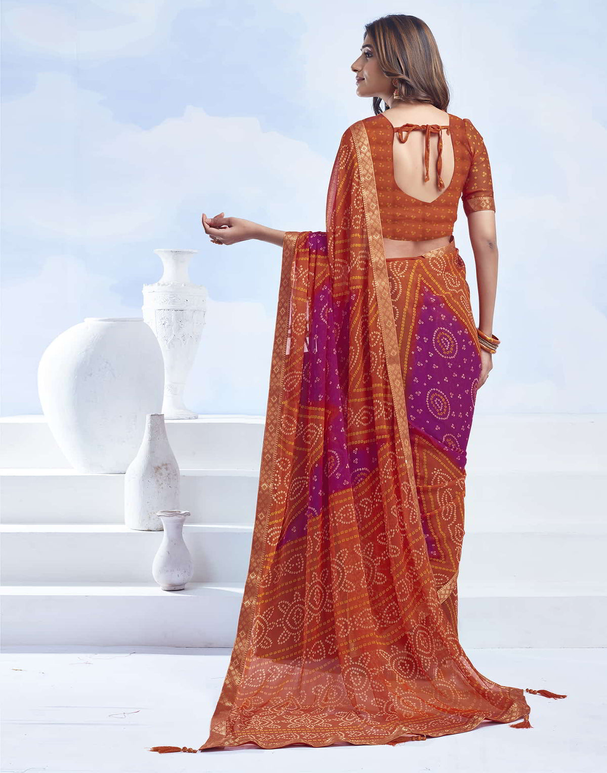 Rangriti Bandhani Chiffon Saree with Lace Border
