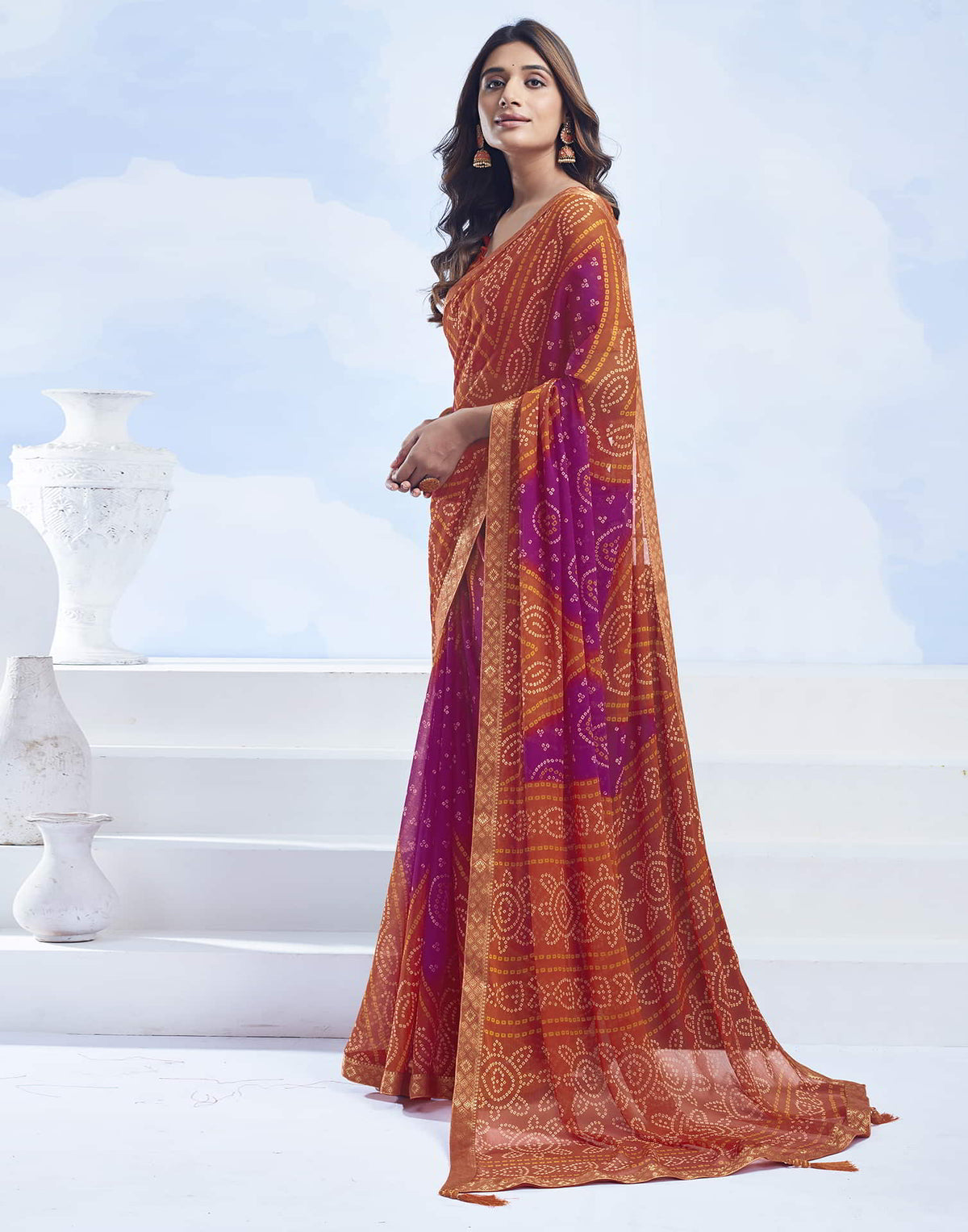 Rangriti Bandhani Chiffon Saree with Lace Border