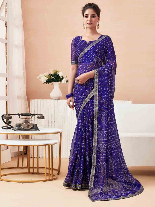 Rangriti Bandhani Chiffon Saree with Lace Border