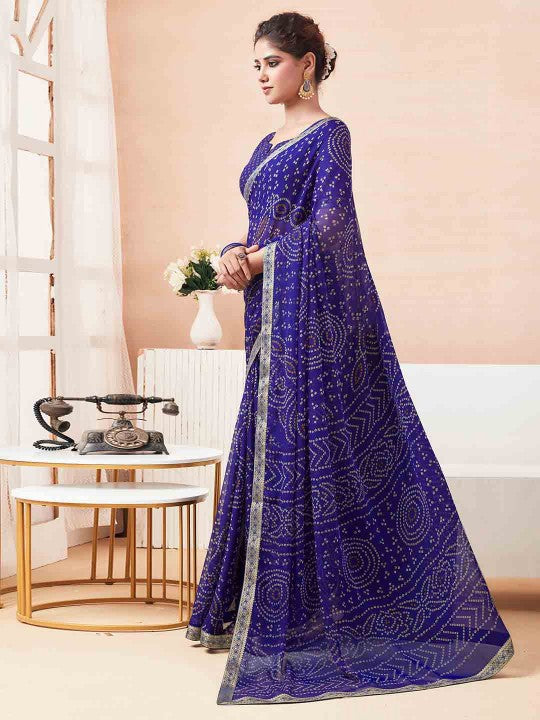 Rangriti Bandhani Chiffon Saree with Lace Border