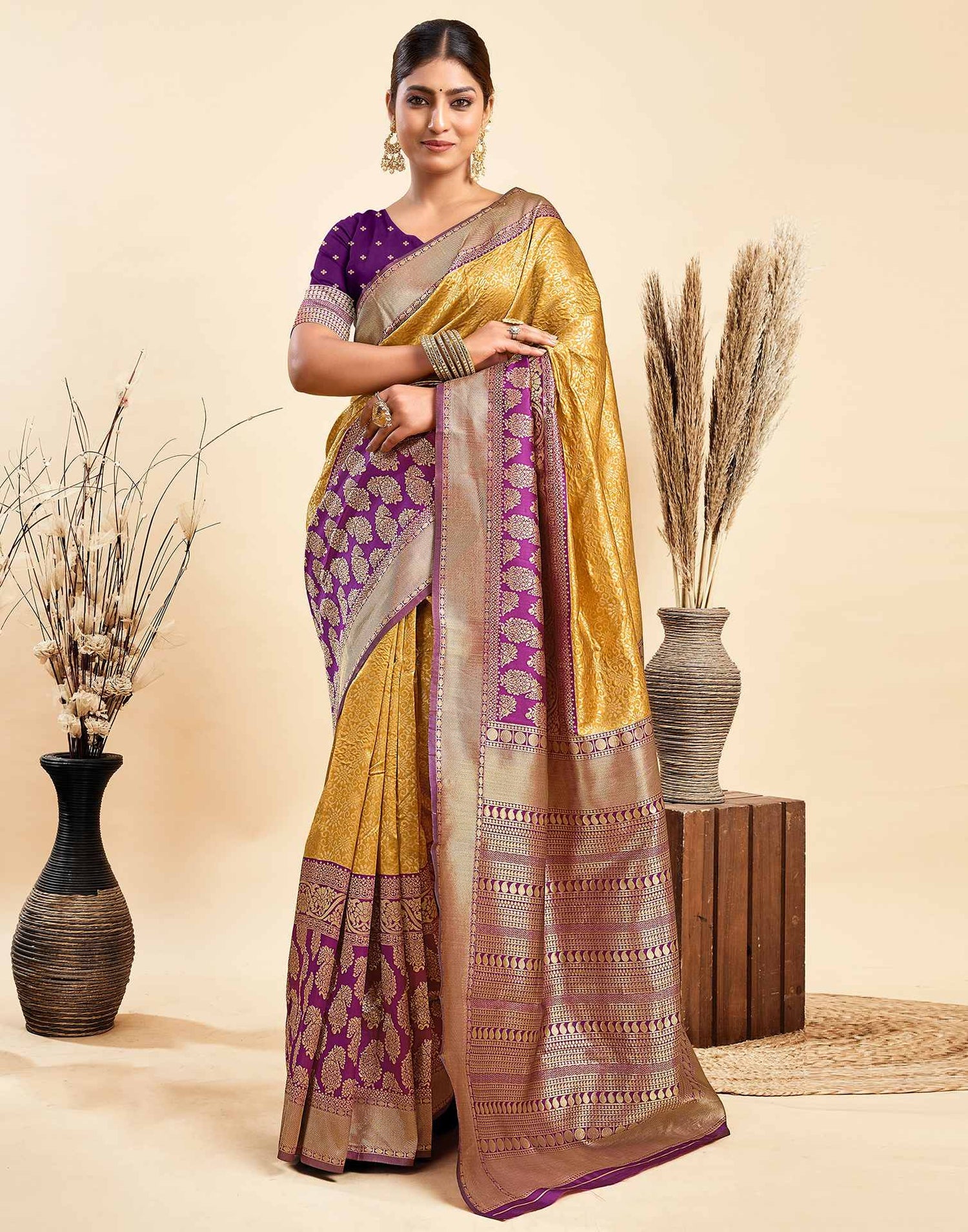 Rajwada Mustard Silk Saree with Purple Border