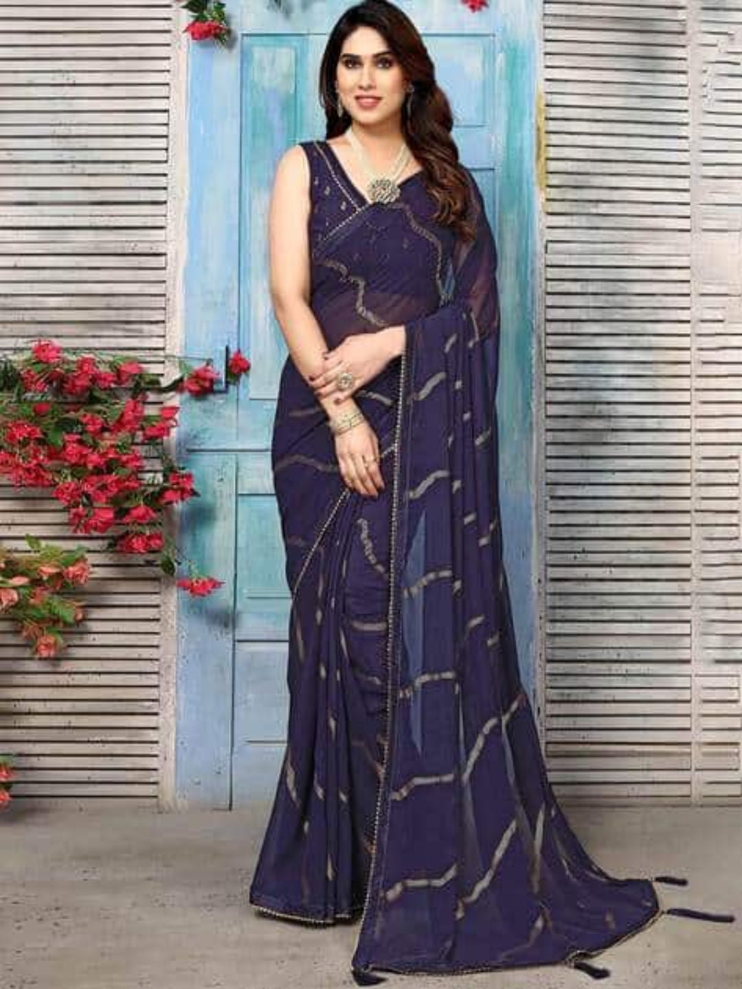 Swarna Stripe Tassel Georgette Saree