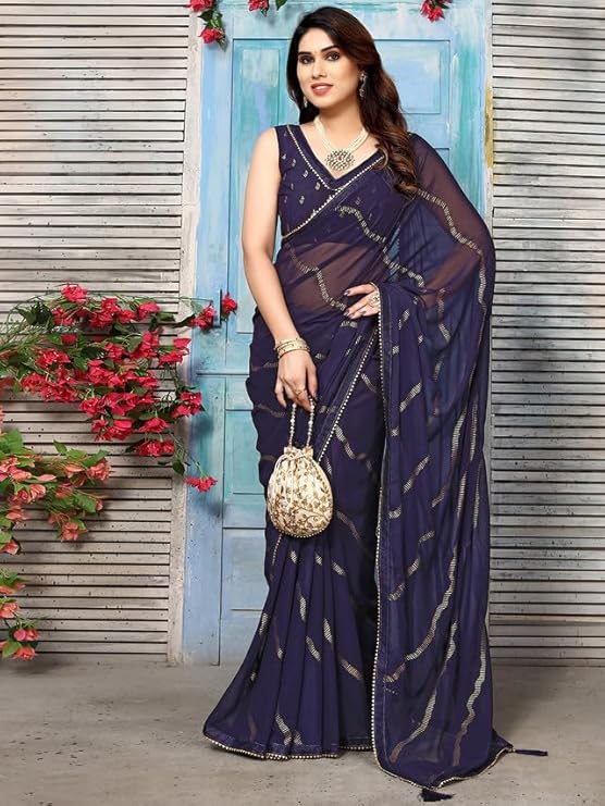 Swarna Stripe Tassel Georgette Saree