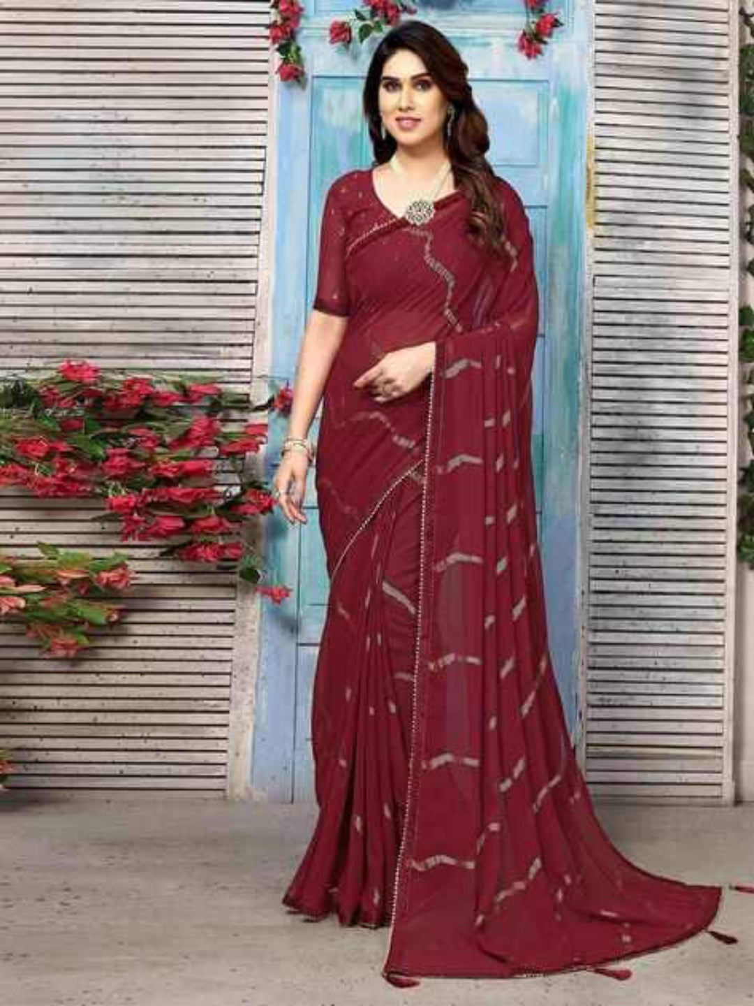 Swarna Stripe Tassel Georgette Saree