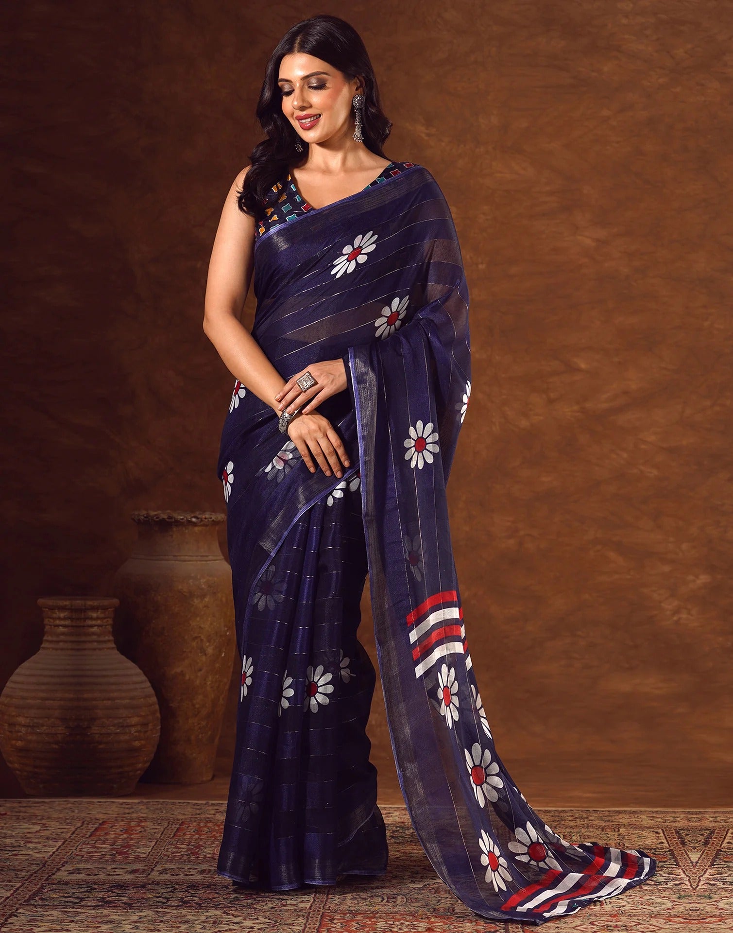 Aarohi Silk Blend Floral Saree with Woven Jari Work