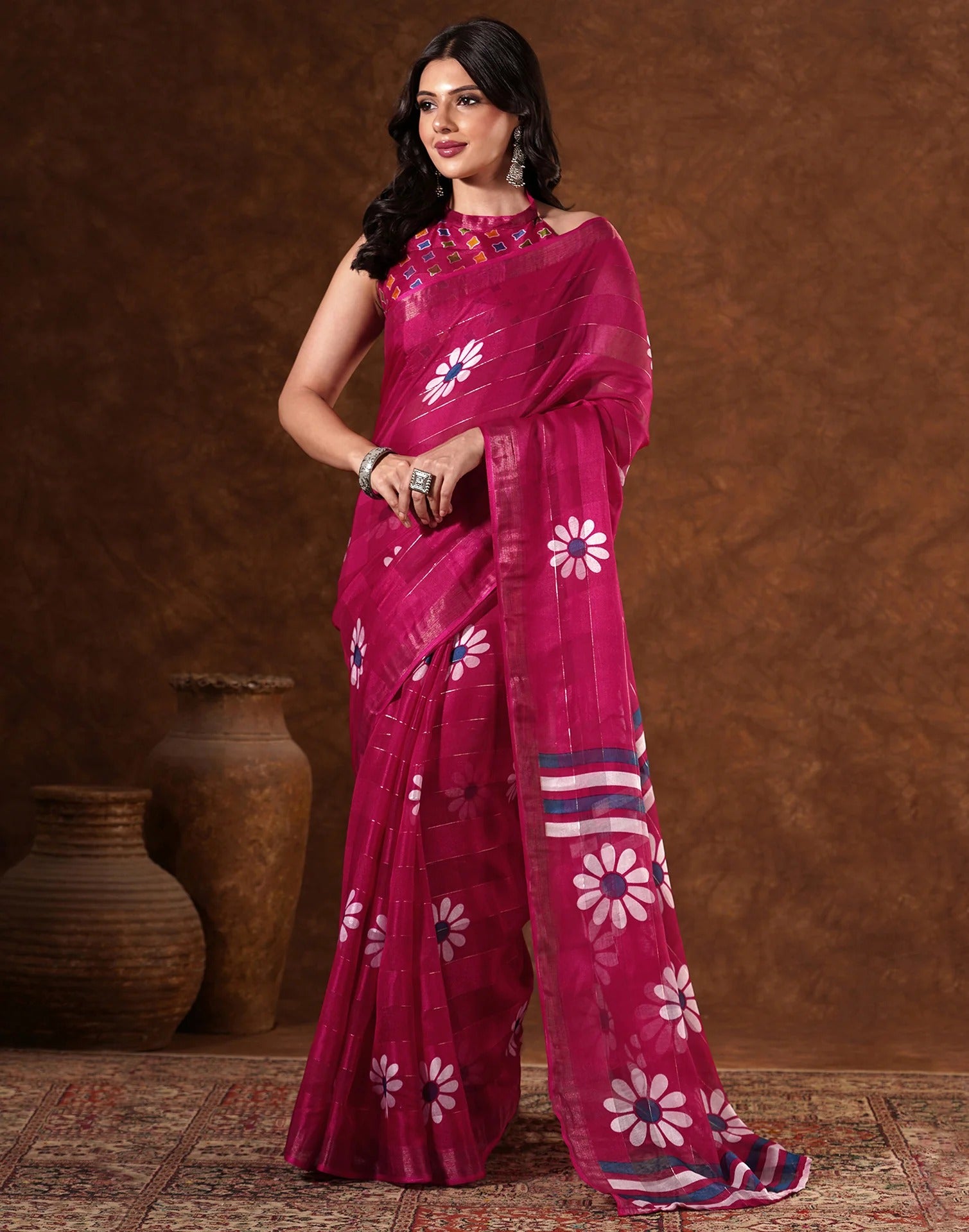 Aarohi Silk Blend Floral Saree with Woven Jari Work