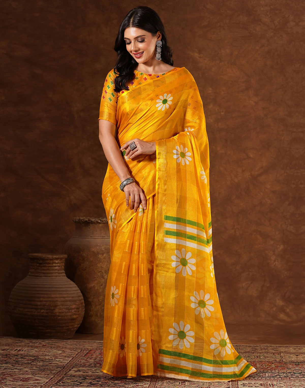 Aarohi Silk Blend Floral Saree with Woven Jari Work