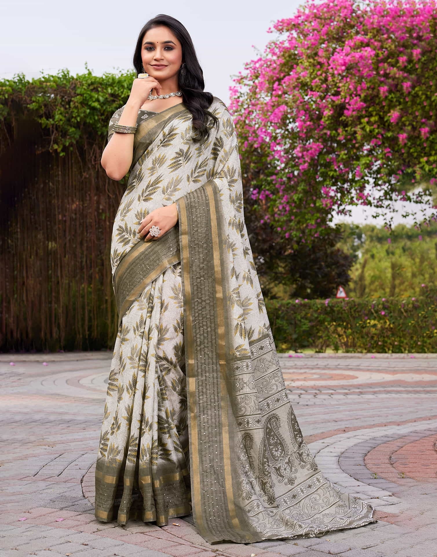 Vriksha Floral Leaf Chanderi Saree