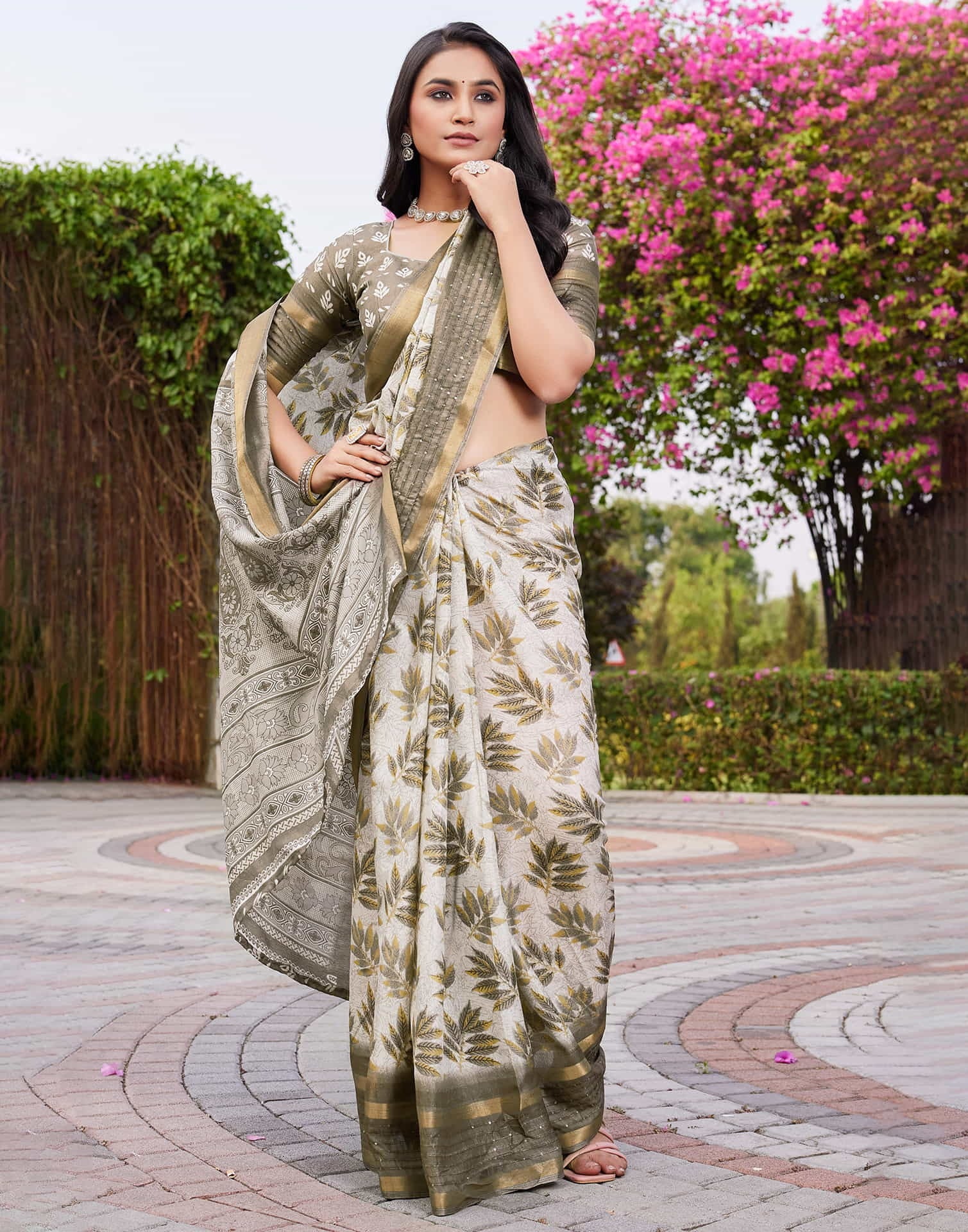 Vriksha Floral Leaf Chanderi Saree