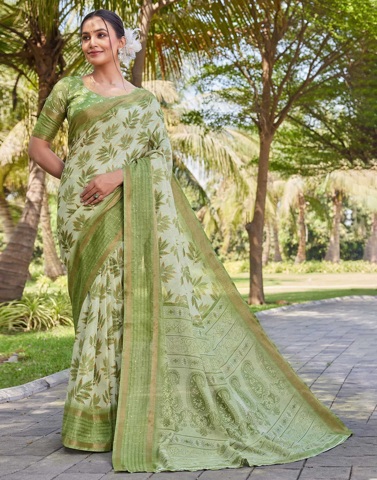 Vriksha Floral Leaf Chanderi Saree