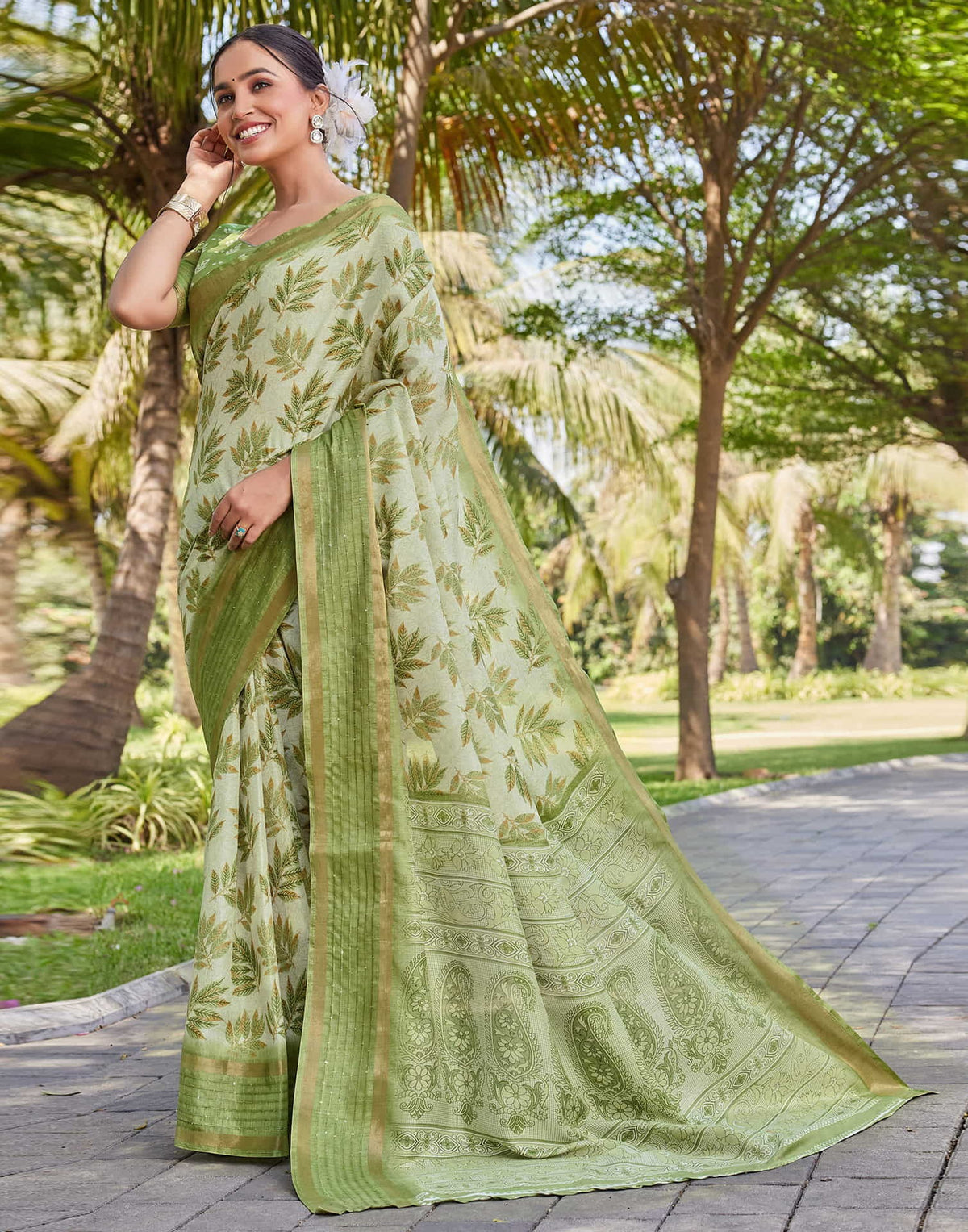 Vriksha Floral Leaf Chanderi Saree