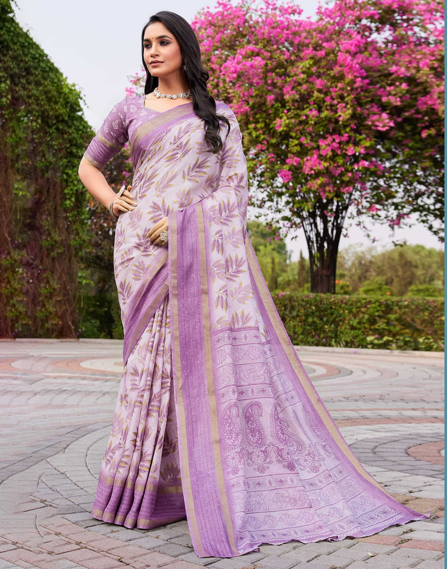 Vriksha Floral Leaf Chanderi Saree