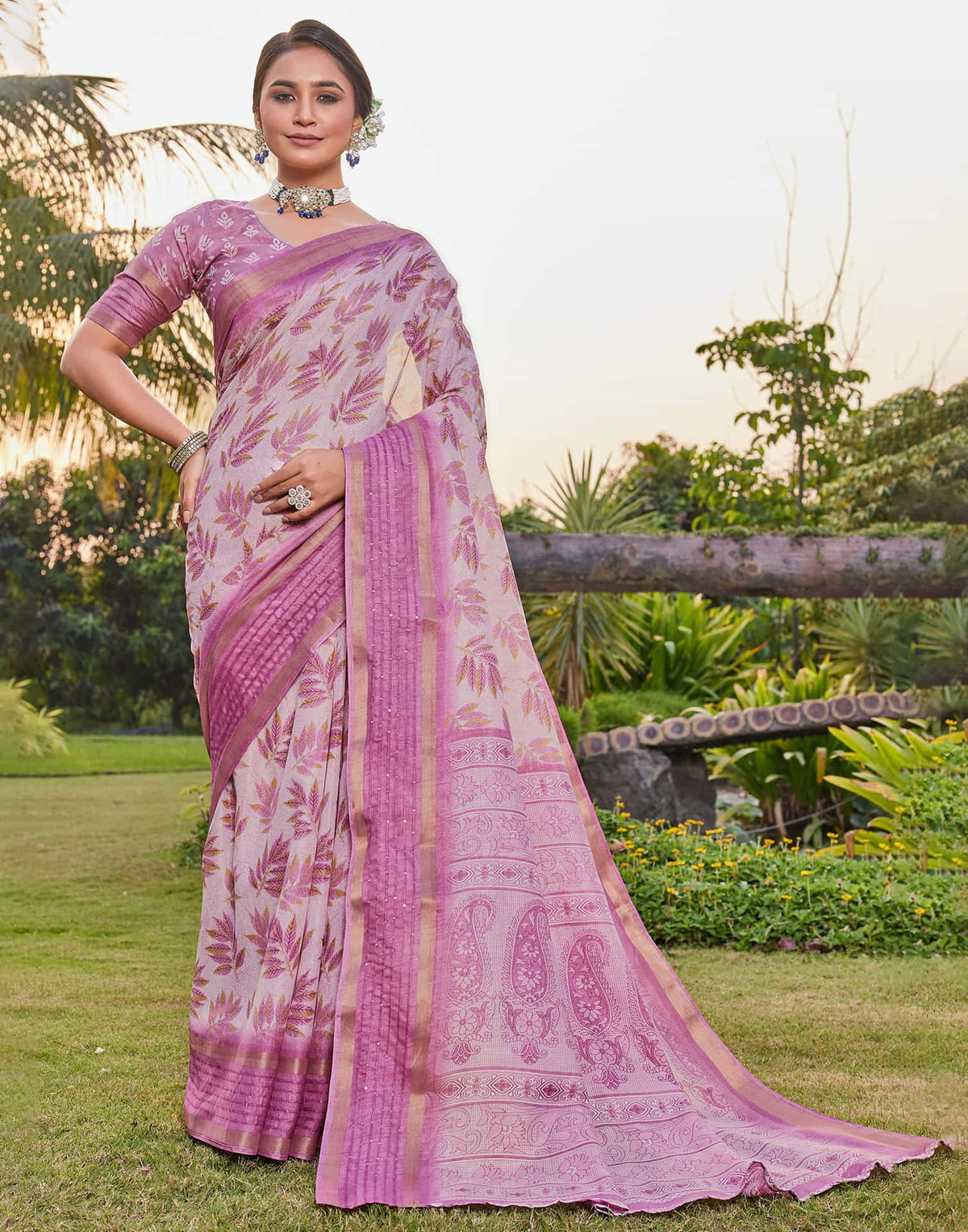 Vriksha Floral Leaf Chanderi Saree
