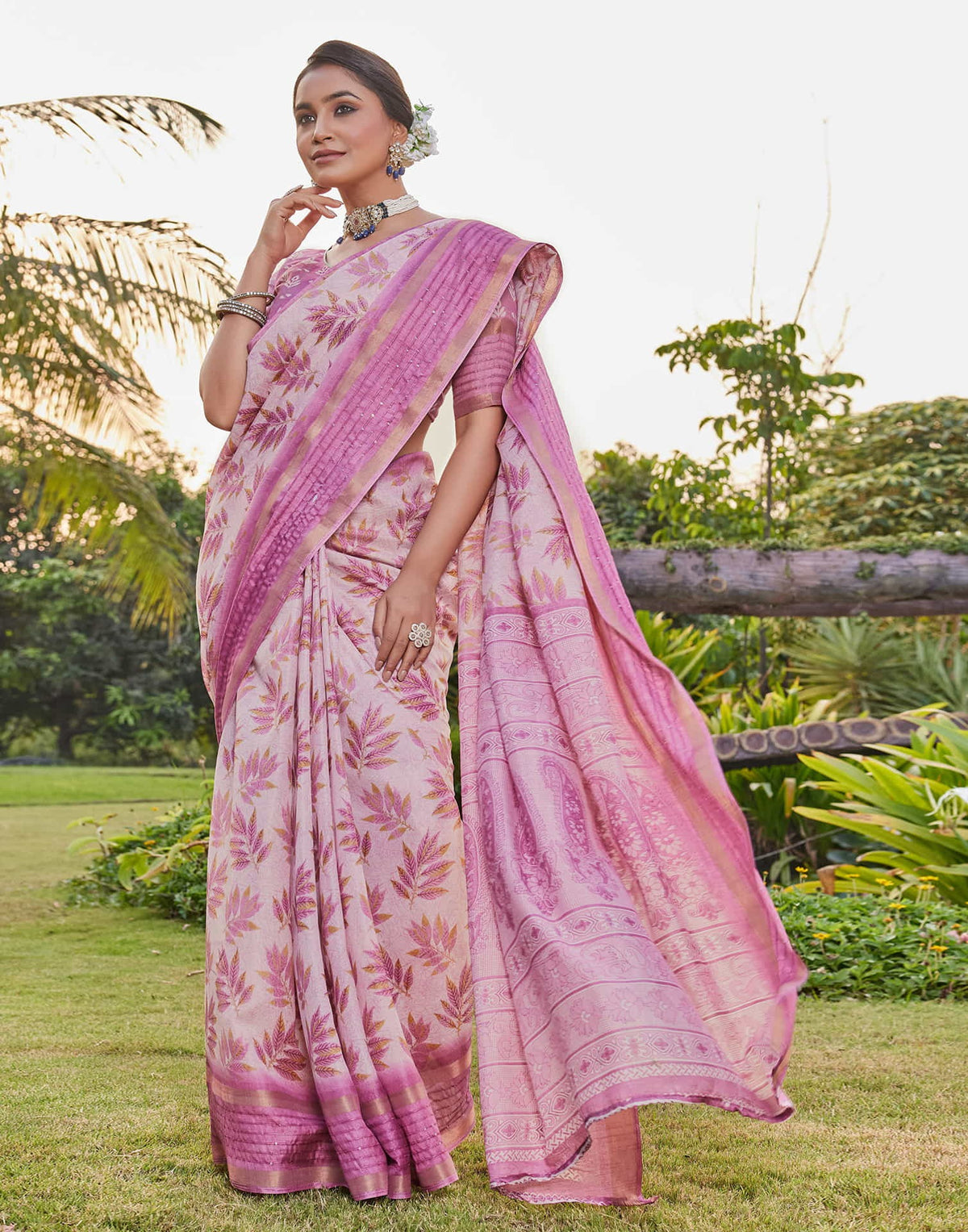 Vriksha Floral Leaf Chanderi Saree