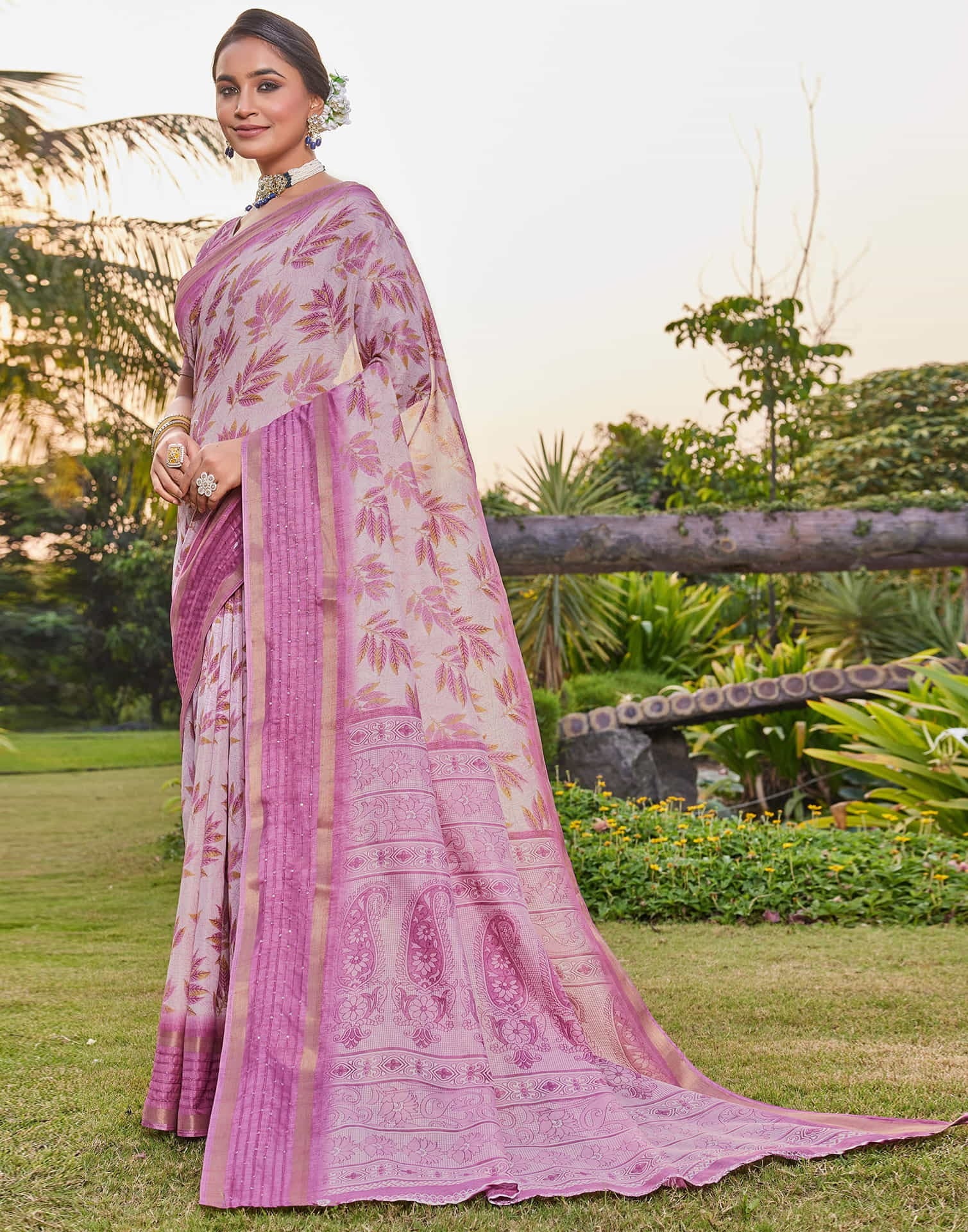 Vriksha Floral Leaf Chanderi Saree