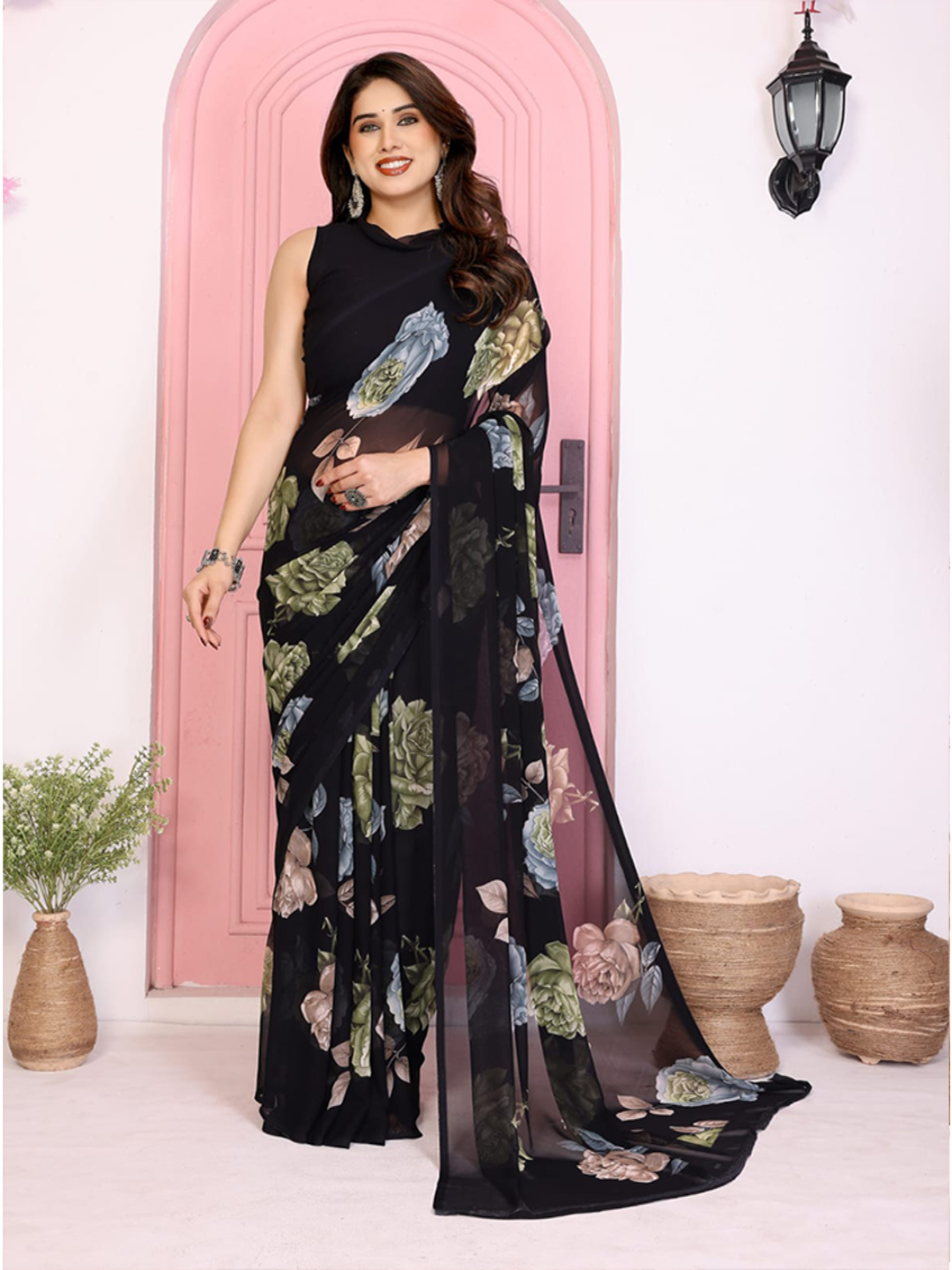 Elegant Black Floral Printed Chiffon Saree with Flower Design – Stylish Party & Casual Wear
