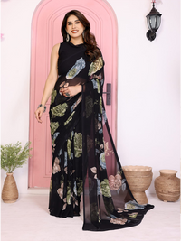 Elegant Black Floral Printed Chiffon Saree with Flower Design – Stylish Party & Casual Wear