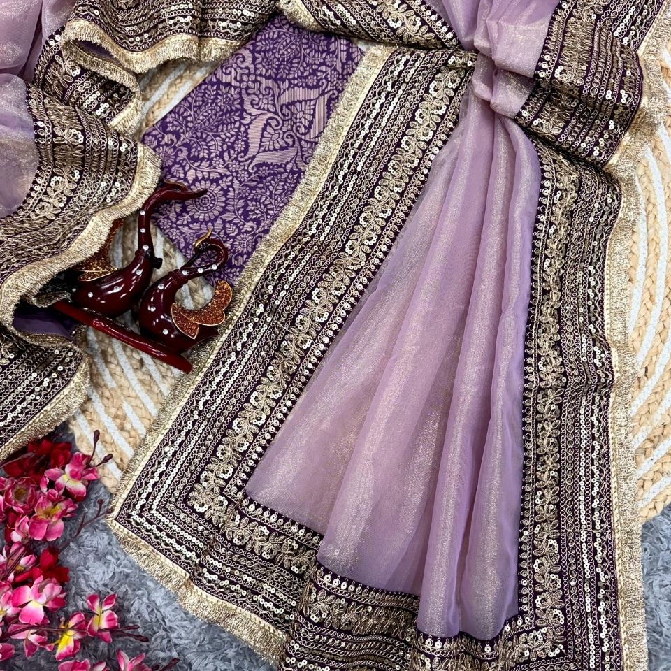 Twill Aura Designer Net Embroidered Saree