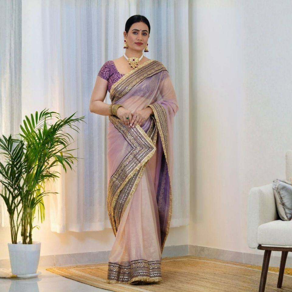 Twill Aura Designer Net Embroidered Saree