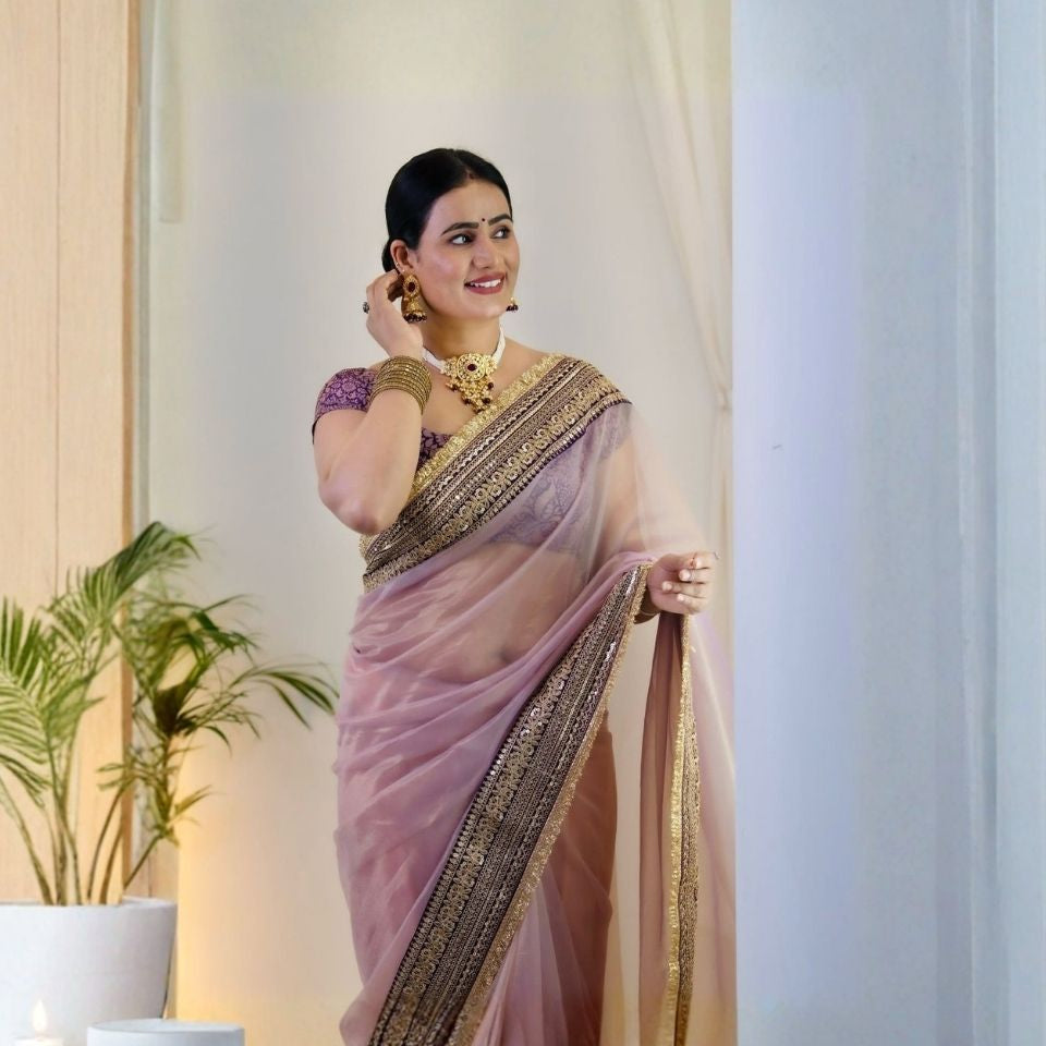 Twill Aura Designer Net Embroidered Saree