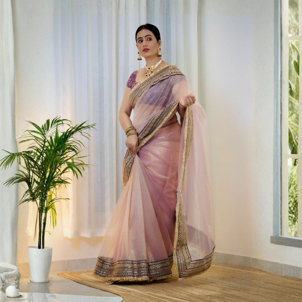 Twill Aura Designer Net Embroidered Saree
