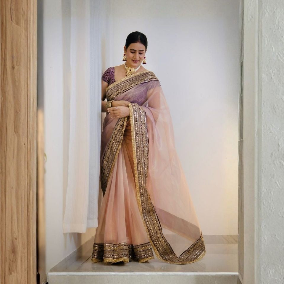 Twill Aura Designer Net Embroidered Saree