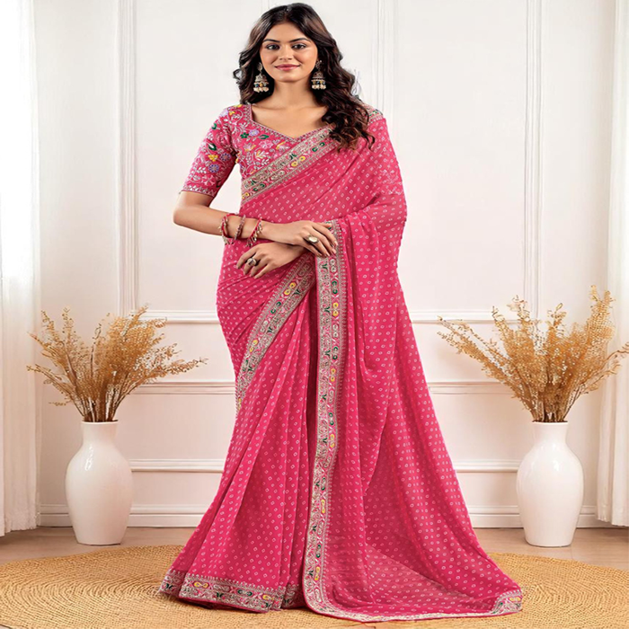 Pink Georgette Bandhani Print Saree