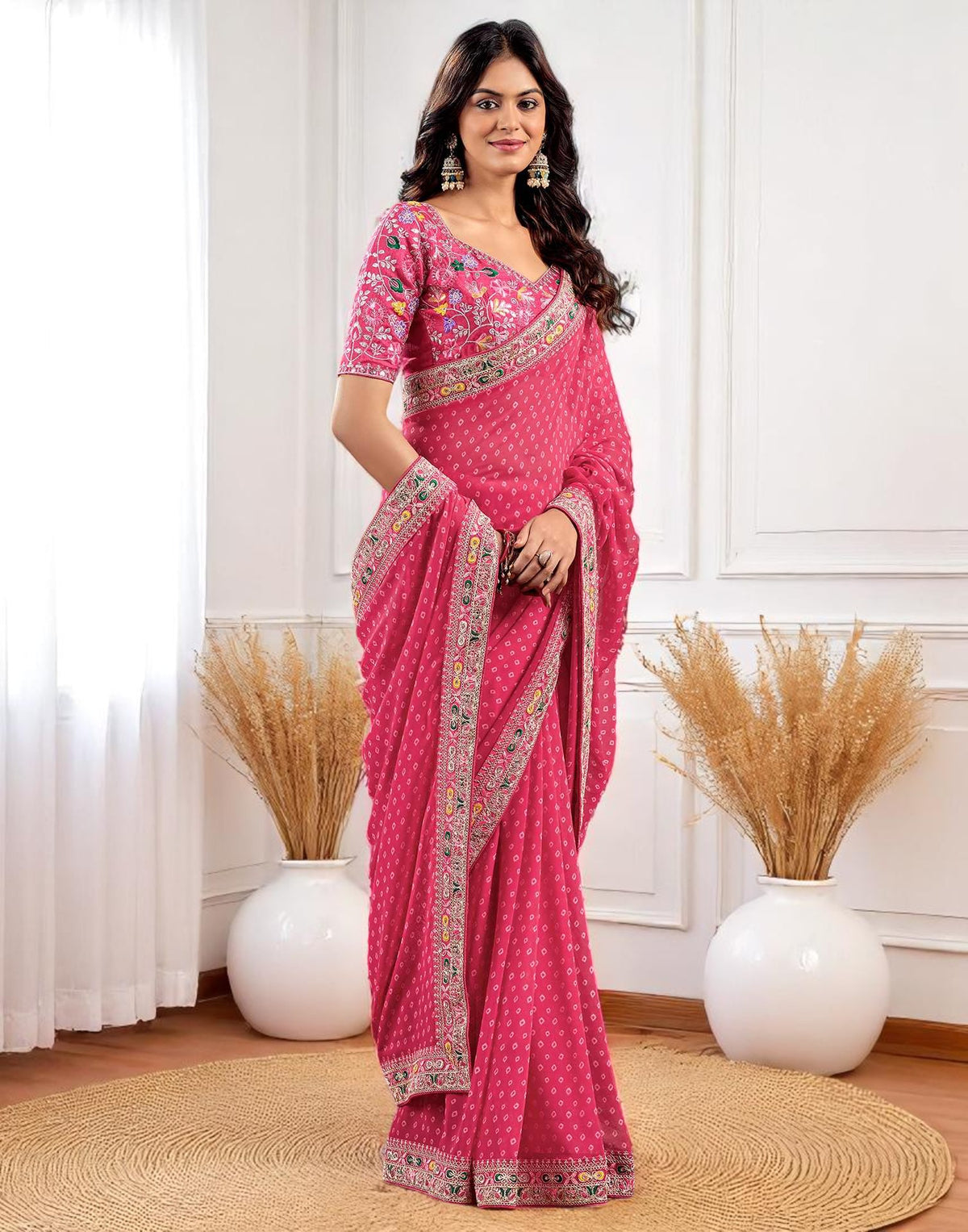 Pink Georgette Bandhani Print Saree