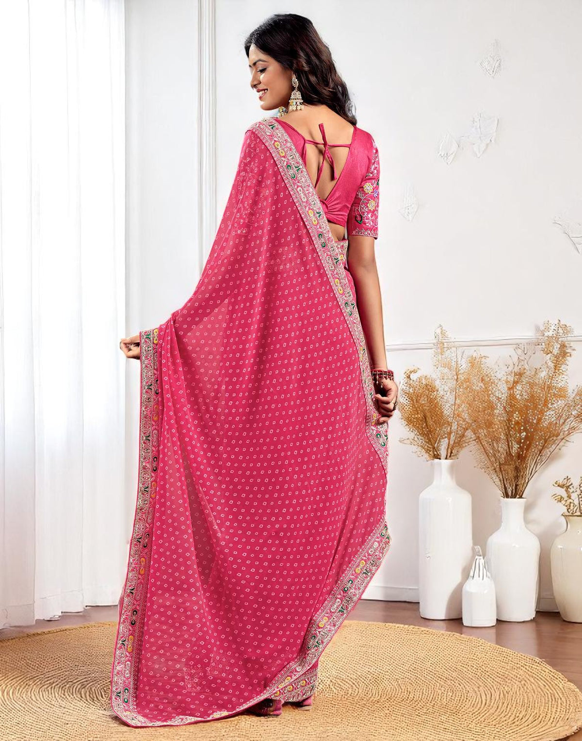 Pink Georgette Bandhani Print Saree