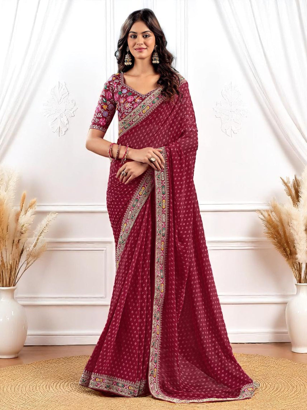 Pink Georgette Bandhani Print Saree