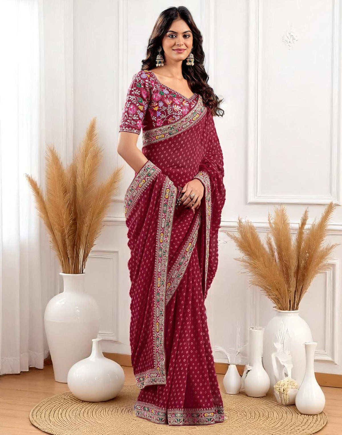 Pink Georgette Bandhani Print Saree