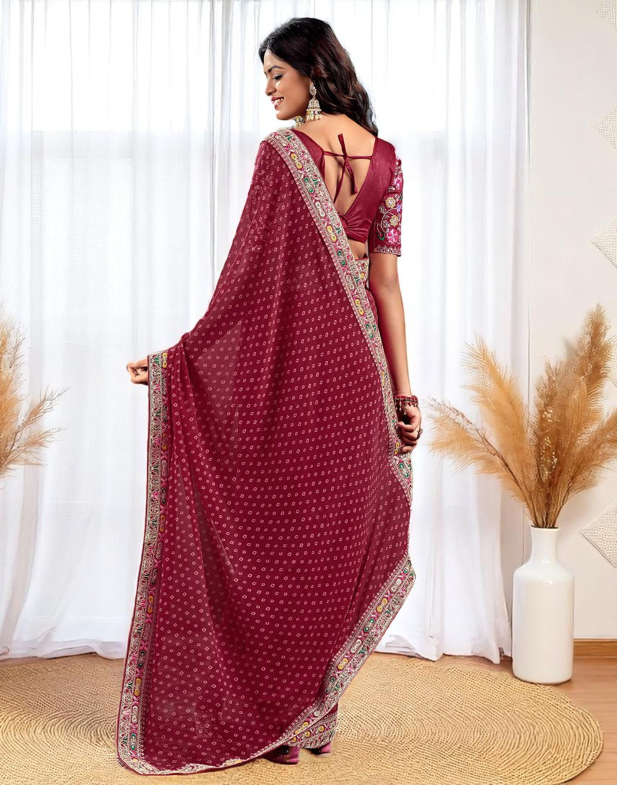 Pink Georgette Bandhani Print Saree