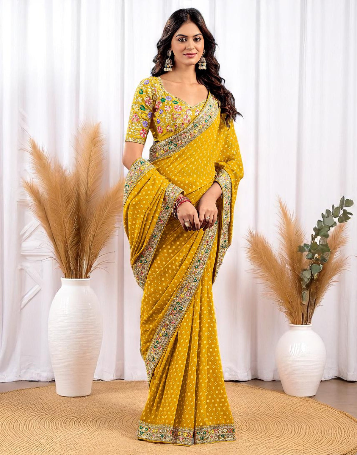 Pink Georgette Bandhani Print Saree