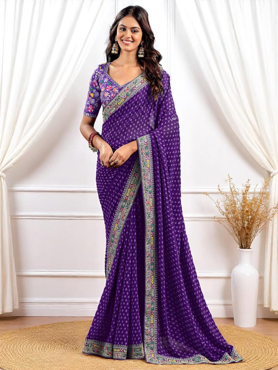 Pink Georgette Bandhani Print Saree