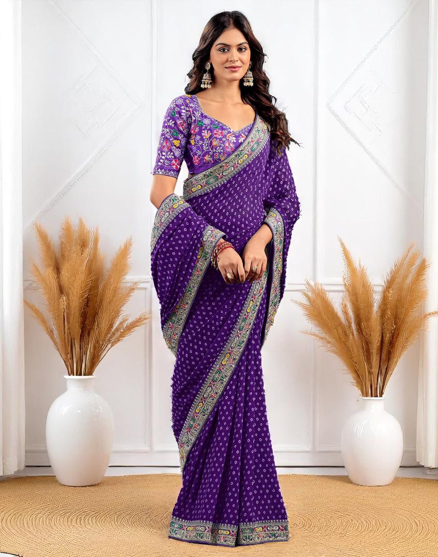 Pink Georgette Bandhani Print Saree