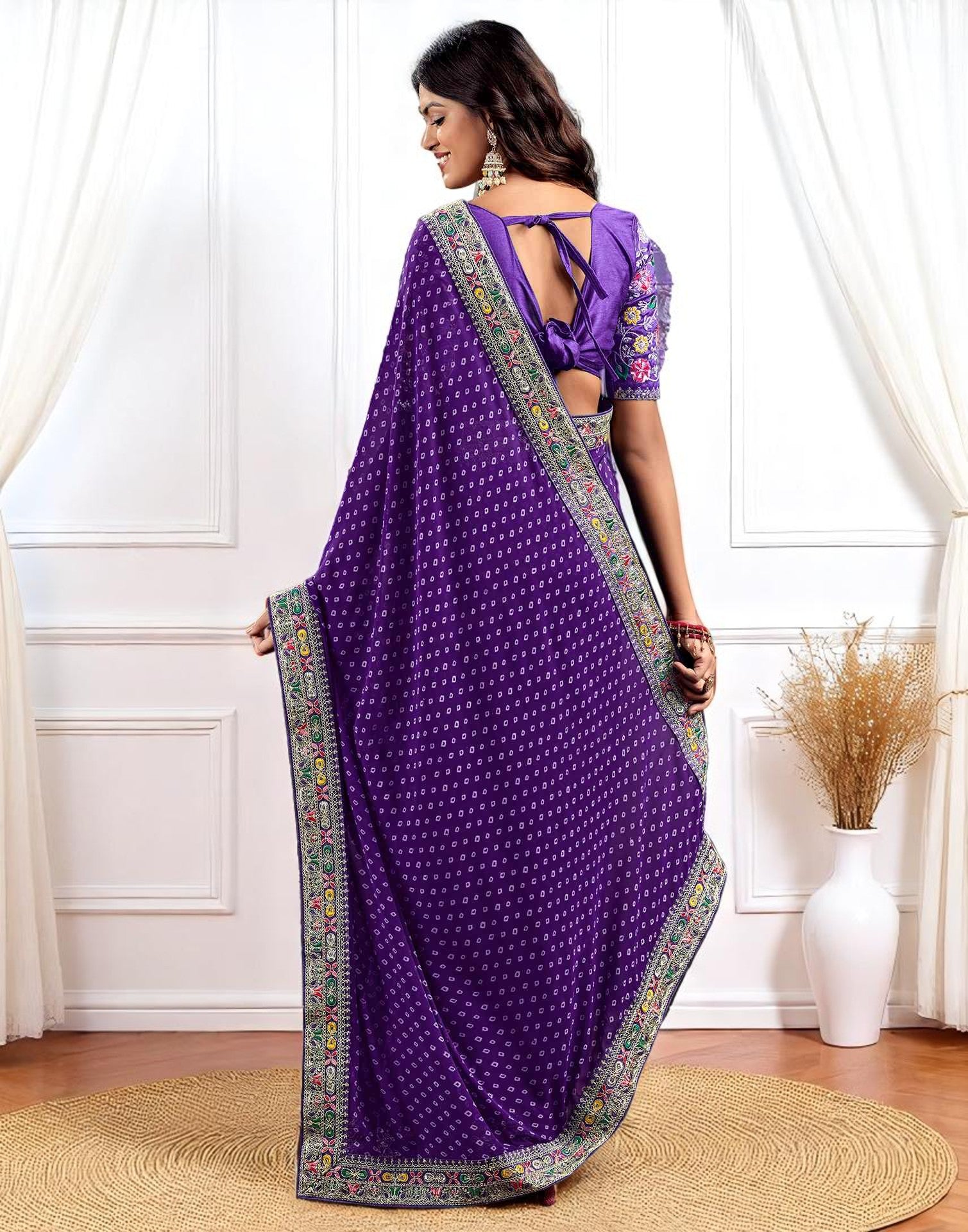 Pink Georgette Bandhani Print Saree