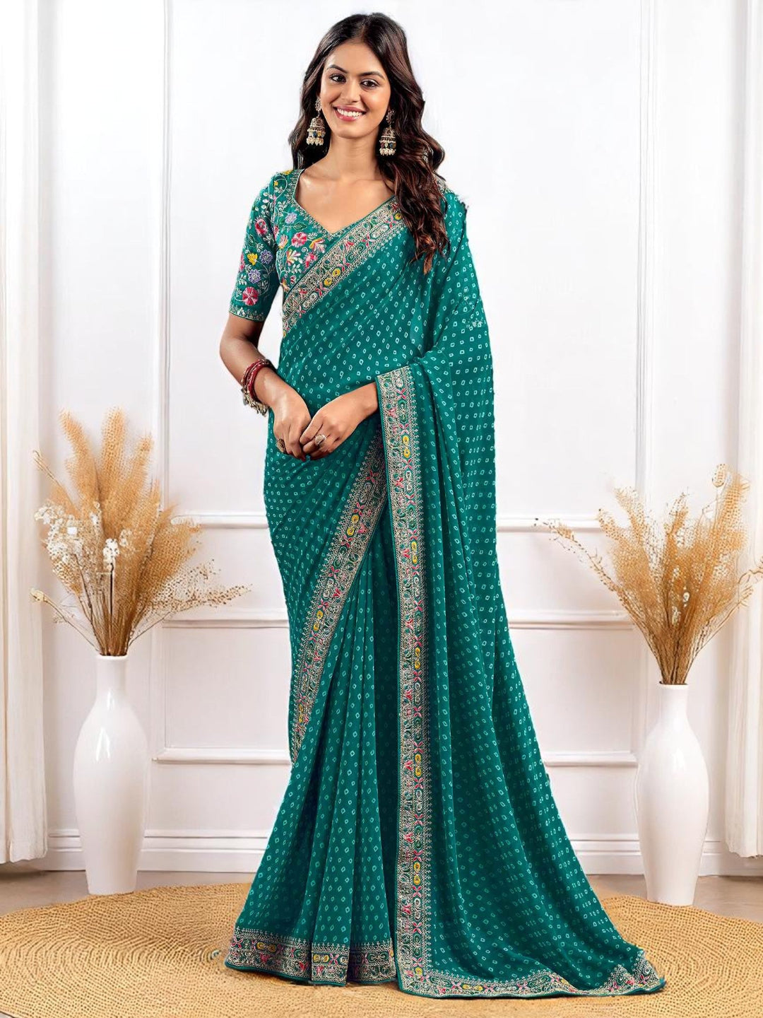 Pink Georgette Bandhani Print Saree