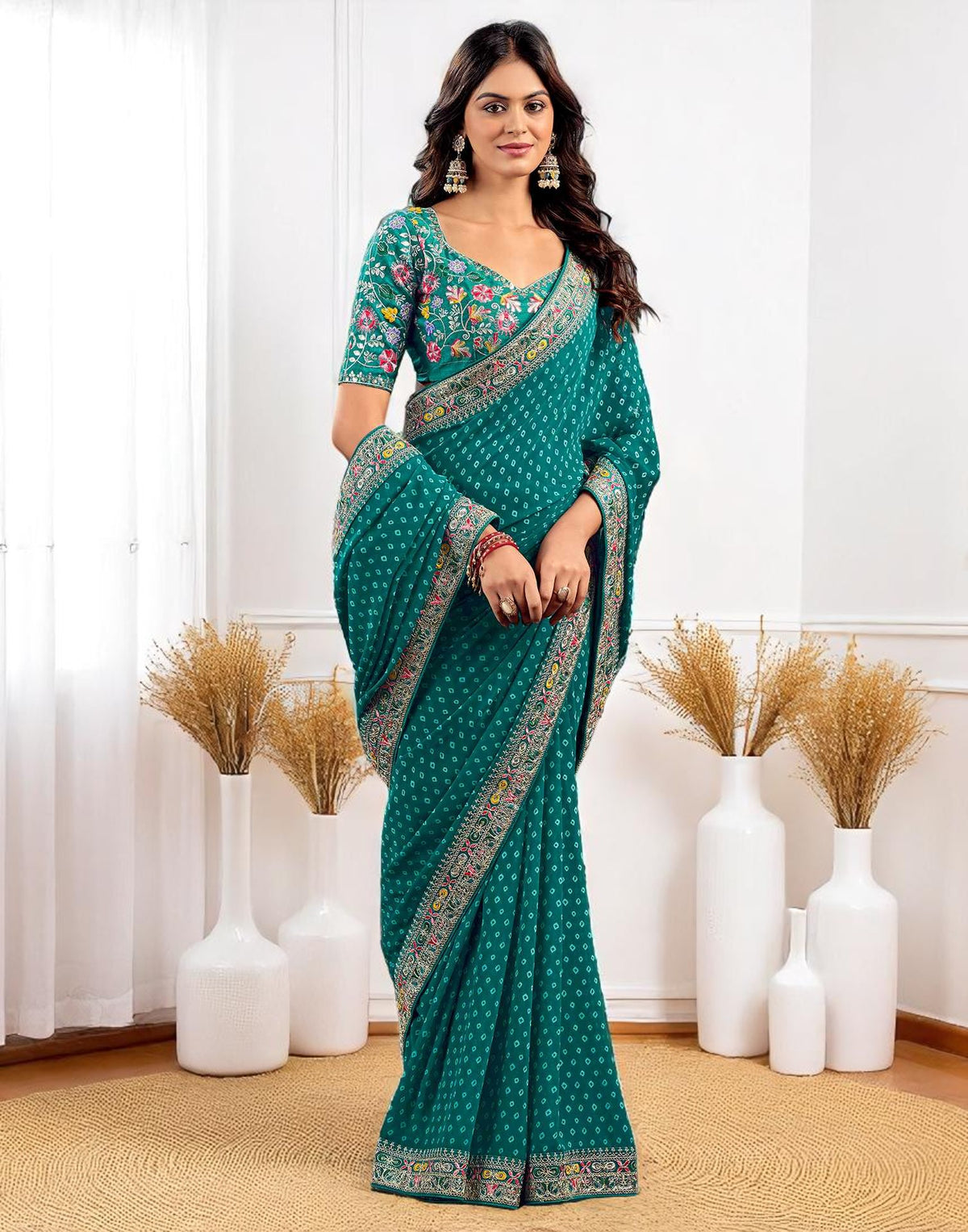 Pink Georgette Bandhani Print Saree