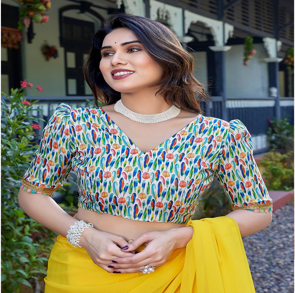 Elegant Yellow Georgette Saree with Designer Border & Printed Blouse – Festive & Party Wear