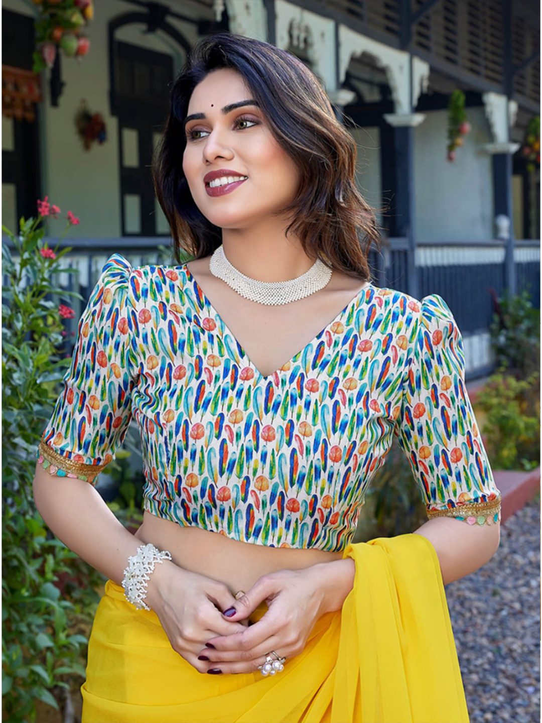 Elegant Yellow Georgette Saree with Designer Border & Printed Blouse – Festive & Party Wear