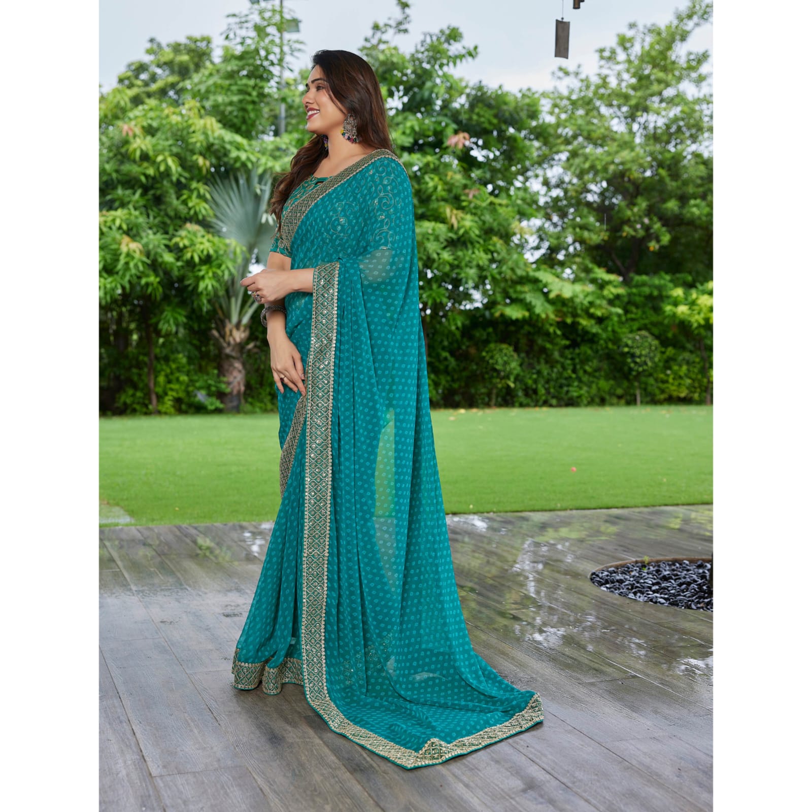 Elegant Teal Green Georgette Saree with Designer Border – Party Wear Traditional Saree for Women