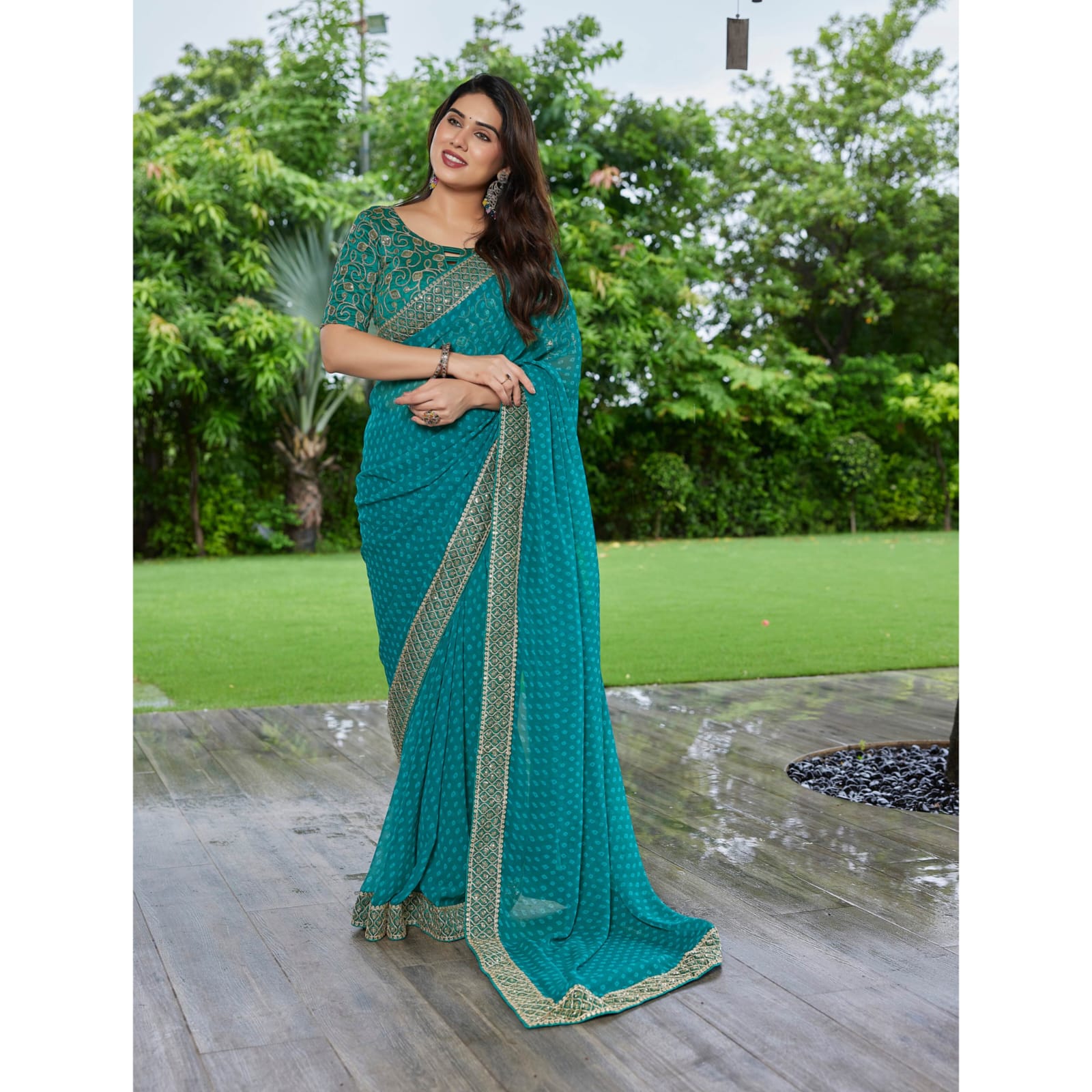 Elegant Teal Green Georgette Saree with Designer Border – Party Wear Traditional Saree for Women