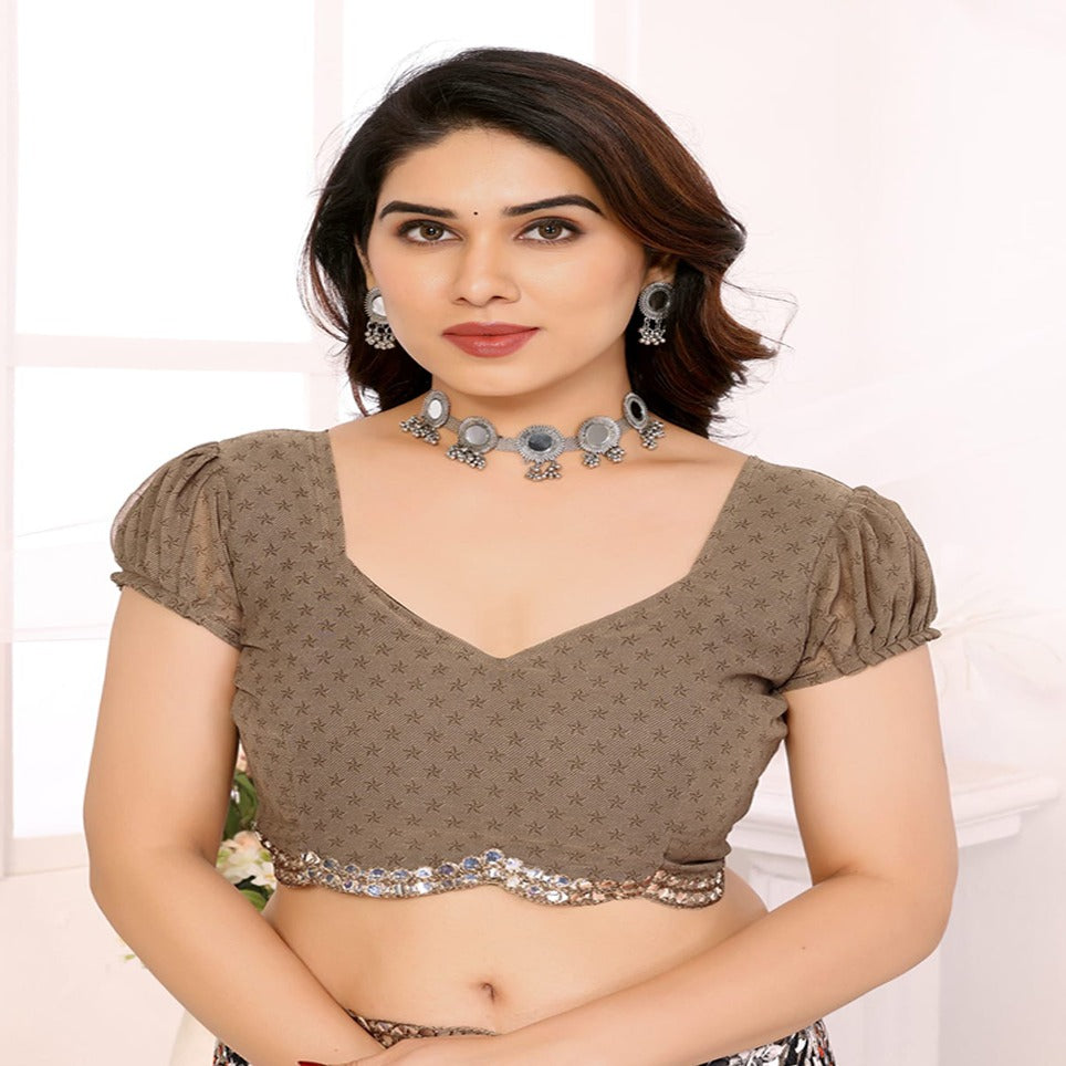 Elegant Brown Floral Printed Chiffon Saree with Designer Border – Party & Festive Wear