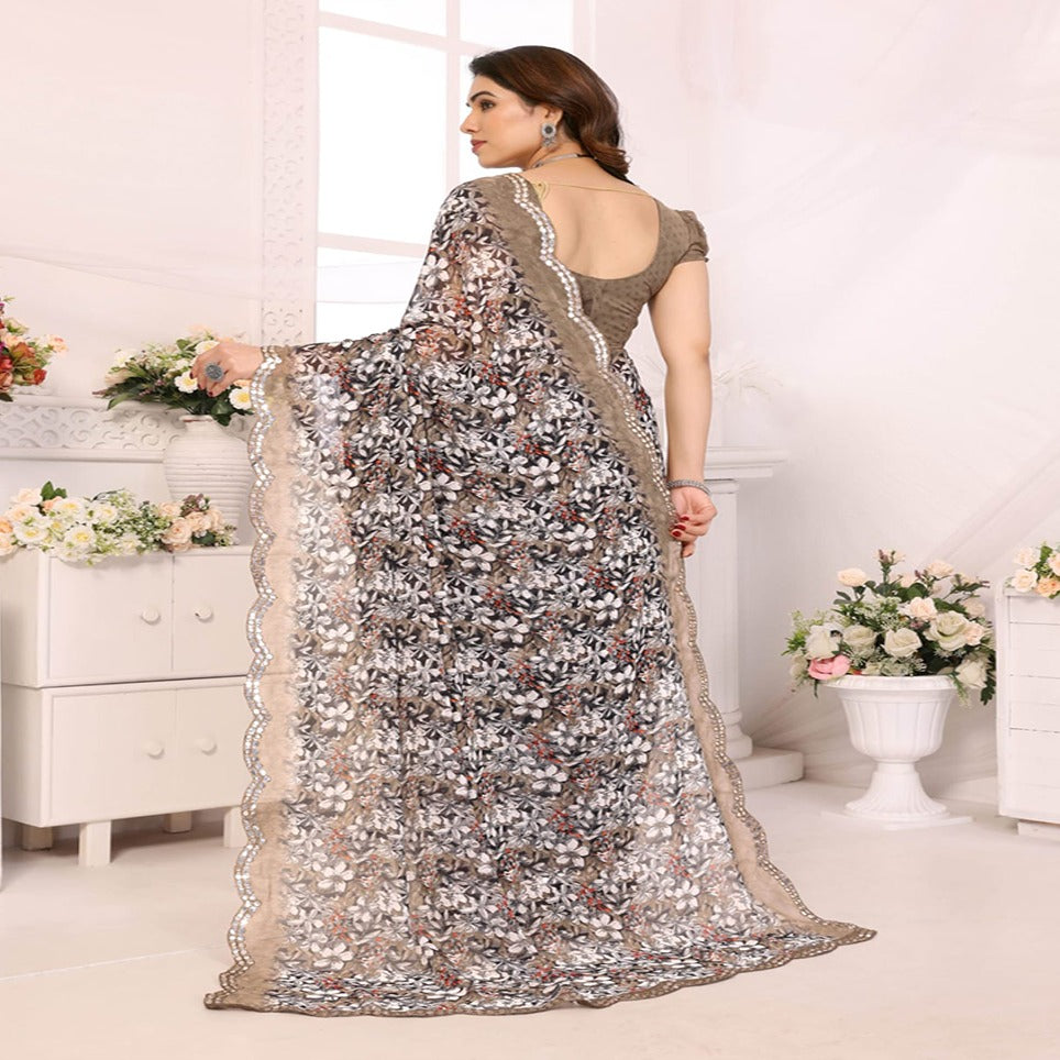 Elegant Brown Floral Printed Chiffon Saree with Designer Border – Party & Festive Wear
