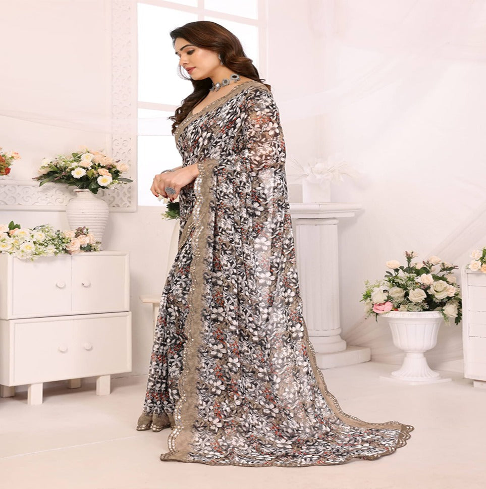 Elegant Brown Floral Printed Chiffon Saree with Designer Border – Party & Festive Wear
