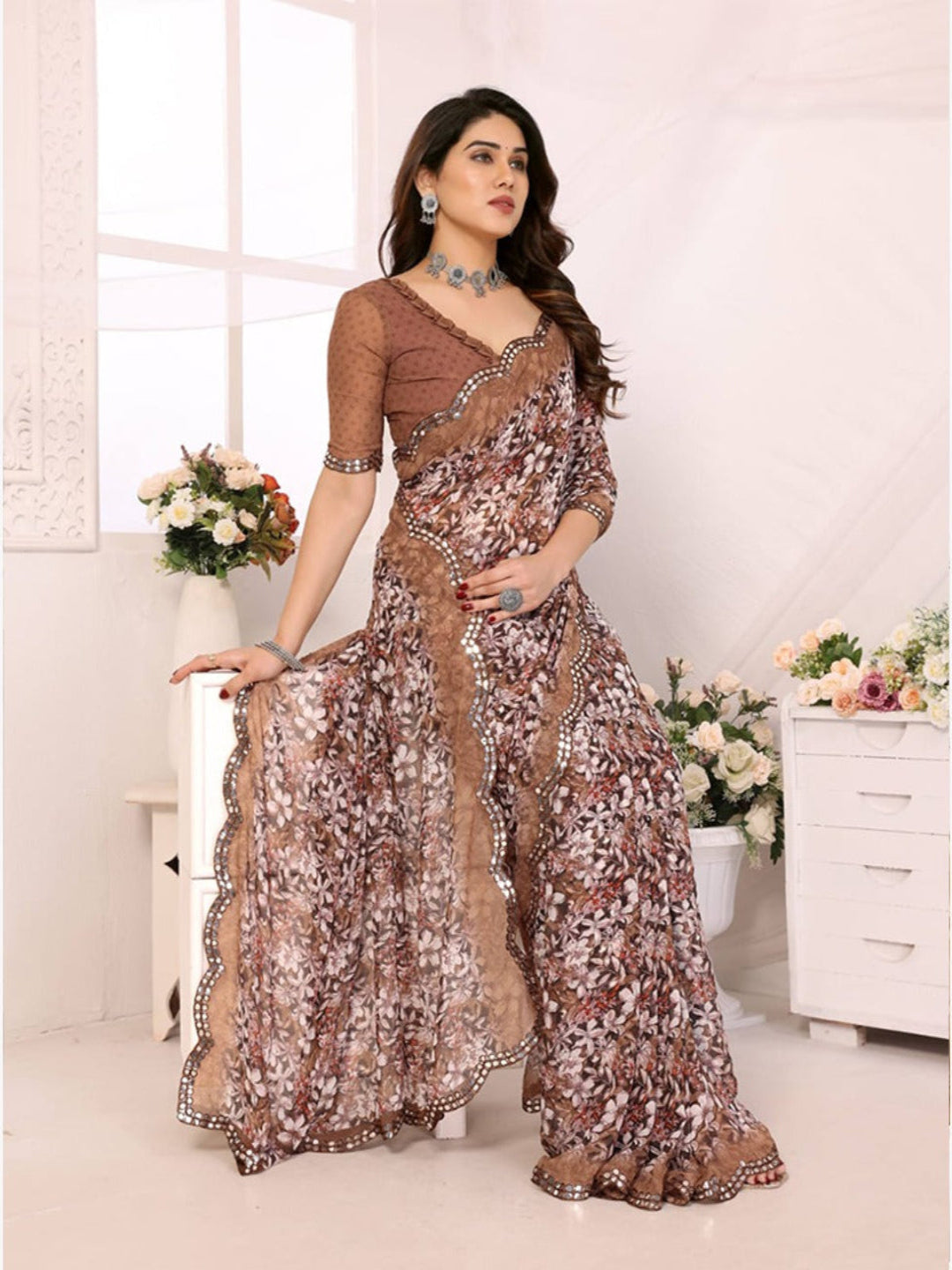 Elegant Brown Floral Printed Chiffon Saree with Designer Border – Party & Festive Wear