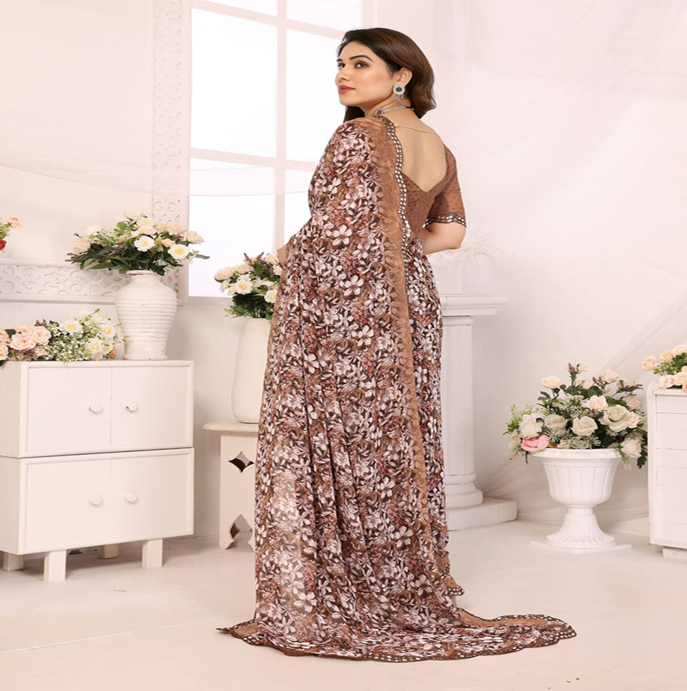 Elegant Brown Floral Printed Chiffon Saree with Designer Border – Party & Festive Wear