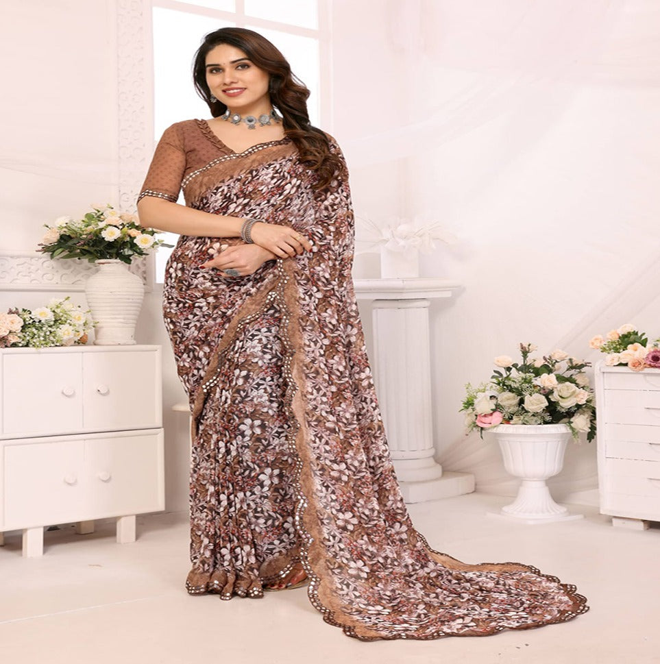 Elegant Brown Floral Printed Chiffon Saree with Designer Border – Party & Festive Wear