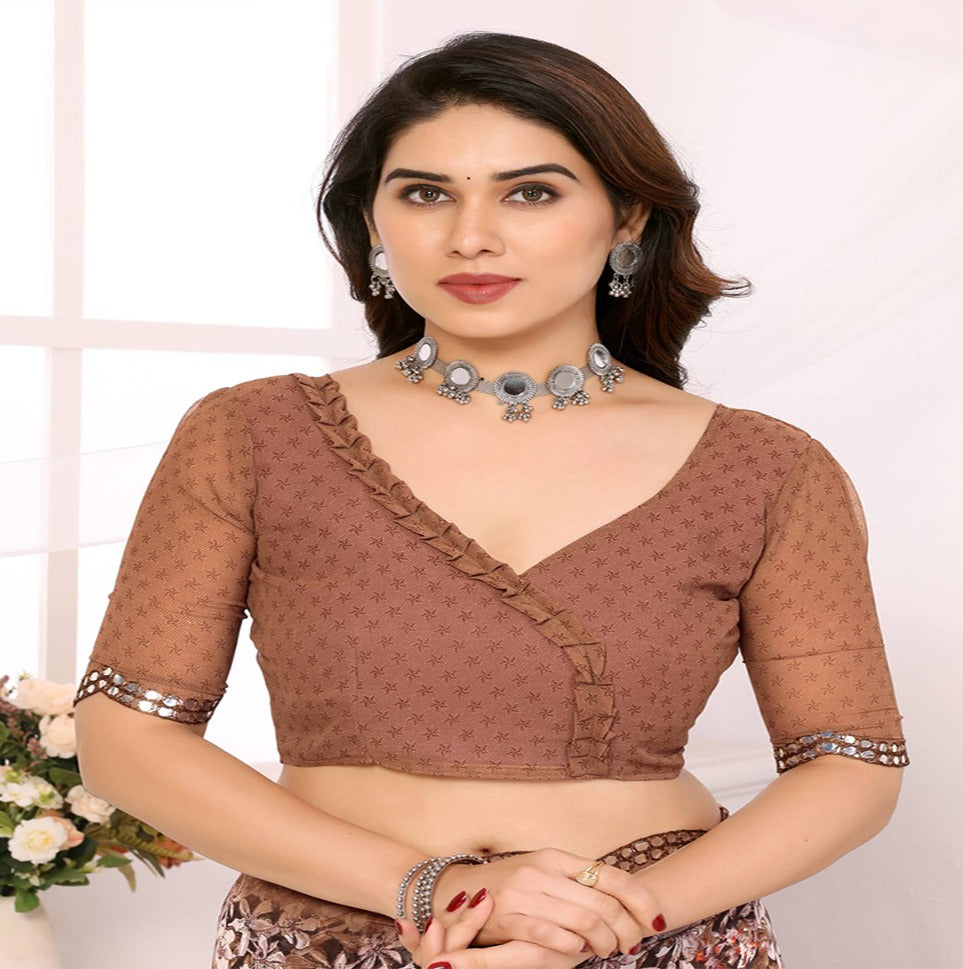 Elegant Brown Floral Printed Chiffon Saree with Designer Border – Party & Festive Wear