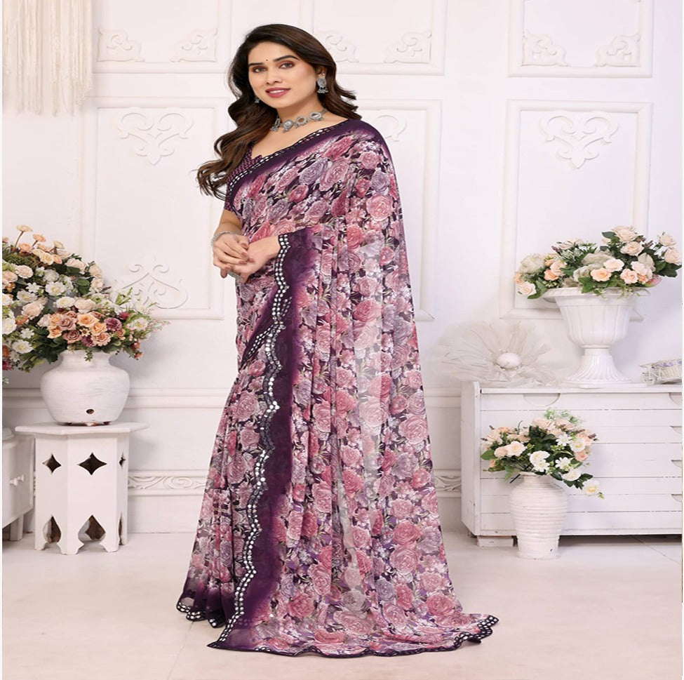 Elegant Black & Grey Floral Printed Saree with Designer Border – Party & Festive Wear